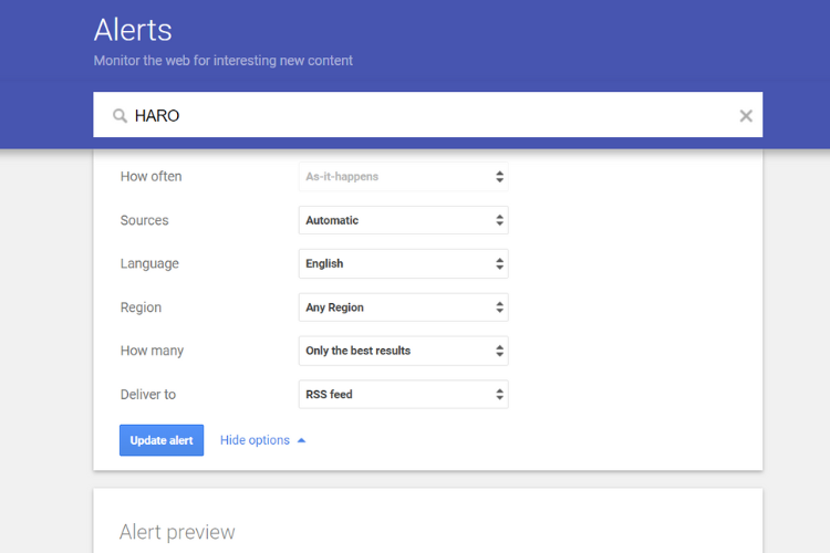 HARO Google alerts setup