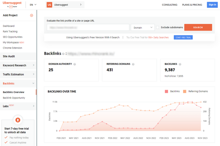 Check backlinks with Ubersuggest